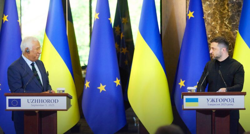 Український лідер Володимир Зеленський і президент Євроради Антоніу Кошта