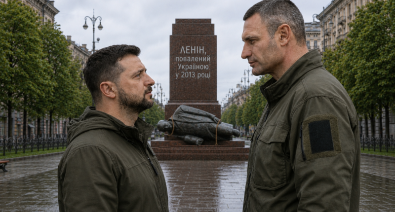 Кличко і Зеленський навпроти поваленого Леніна